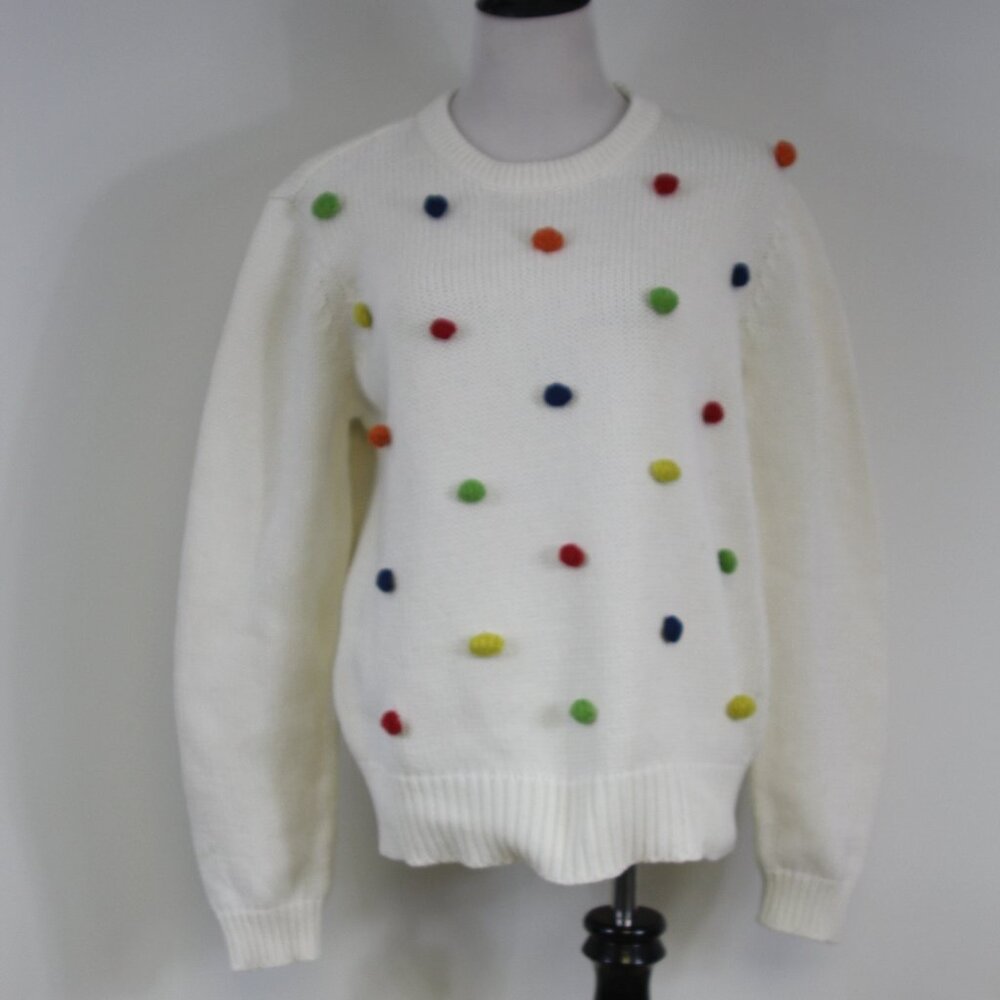 ModCloth Polka Dot Pom-Pom Sweater — Ivory Rainbow Knit — Women’s XL